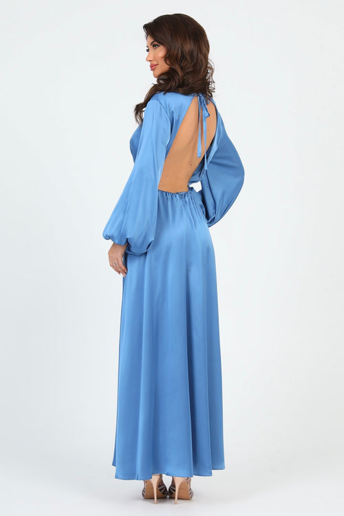 S Size Dusty Blue Silk Satin Dress V Neckline Flutter Sleeves (Ready to Ship)