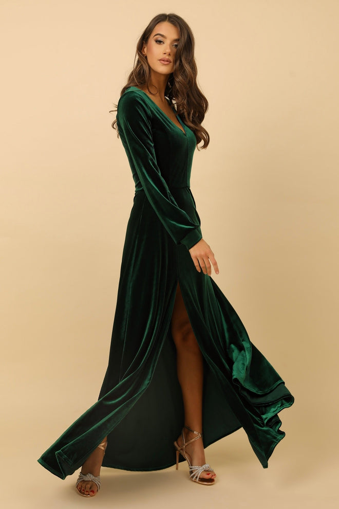 S Size Dark Green Velvet Deep V Neckline Dress Bishop Sleeves (Ready to Ship)