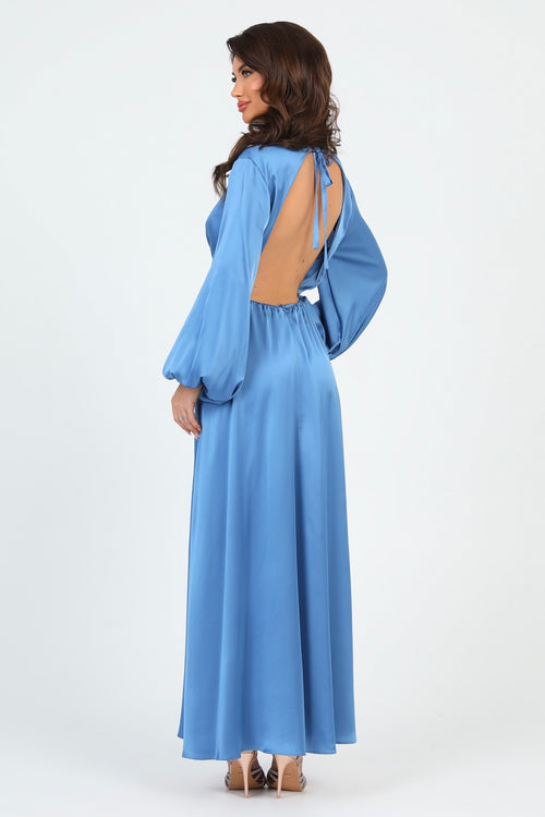 Dusty Blue Silk Satin Dress V Neckline Flutter Sleeves