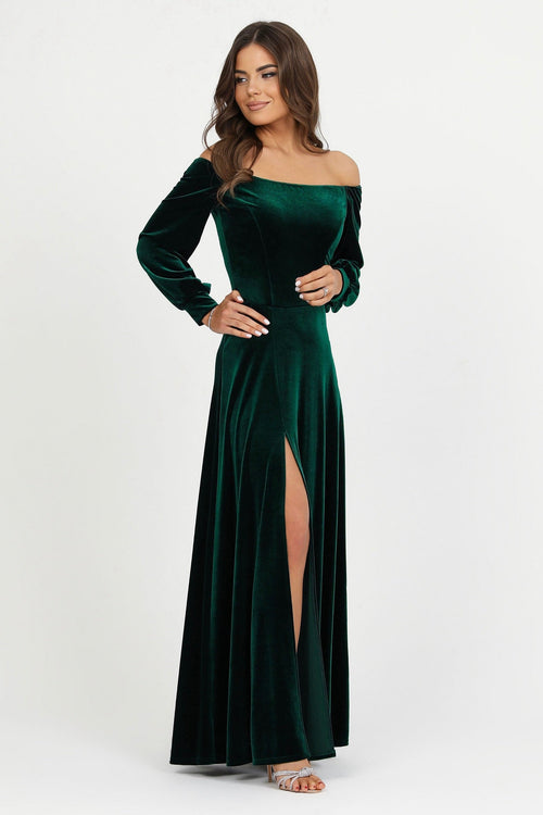 bridesmaid dress, velvet dress, wedding guest dress, gorgeous dress, wedding dress, mother of the bride dress, evening dress, gown dress, maxi dress, reception dress, elegant dress, formal dress, winter dress, fall bridesmaid, custom bridesmaid dress, dark emerald green dress, forest green dress, slit dress, long sleeve dress, off the shoulder dress