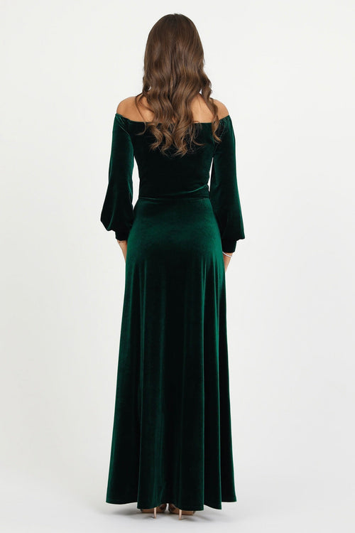 bridesmaid dress, velvet dress, wedding guest dress, gorgeous dress, wedding dress, mother of the bride dress, evening dress, gown dress, maxi dress, reception dress, elegant dress, formal dress, winter dress, fall bridesmaid, custom bridesmaid dress, dark emerald green dress, forest green dress, slit dress, long sleeve dress, off the shoulder dress