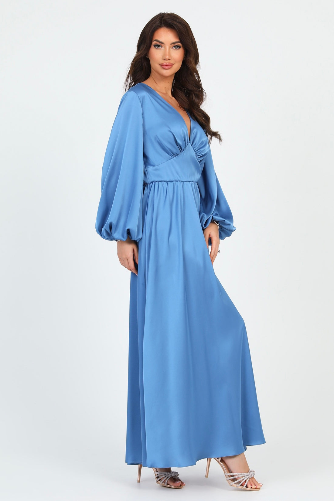 Dusty Blue Silk Satin Dress V Neckline Flutter Sleeves – Désir Couture