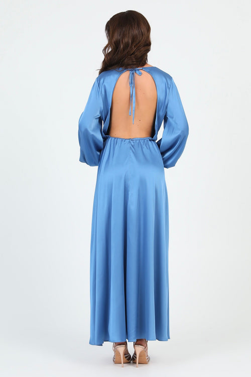 S Size Dusty Blue Silk Satin Dress V Neckline Flutter Sleeves (Ready to Ship)