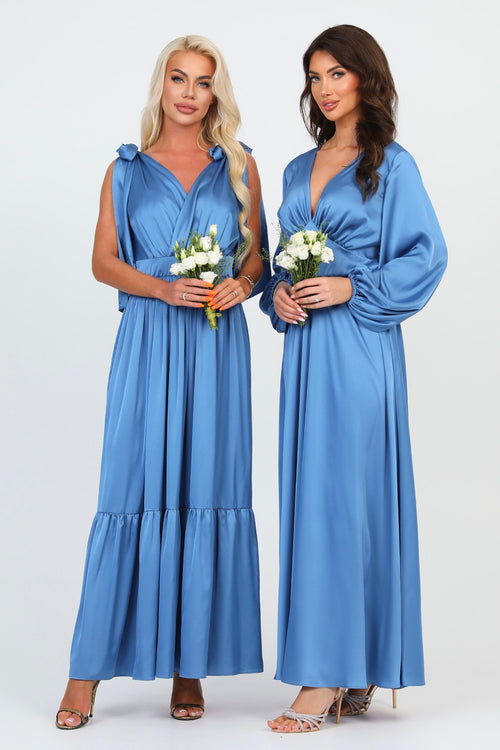 Dusty Blue Silk Satin Dress V Neckline Flutter Sleeves