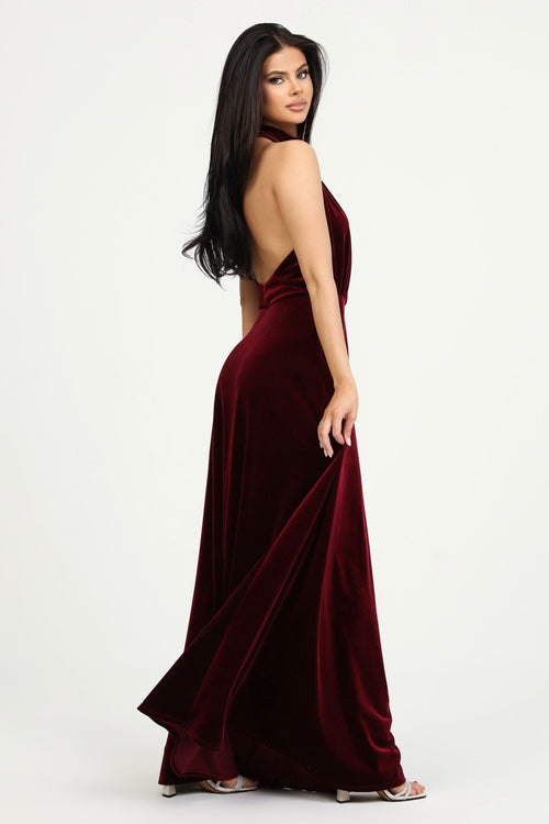 Burgundy Velvet Halter Neckline Velvet Dress