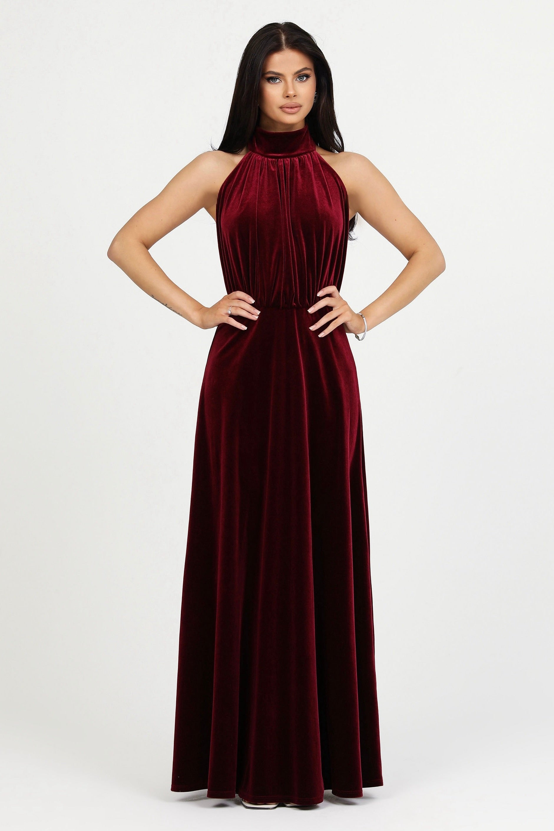 Burgundy Velvet Halter Neckline Velvet Dress
