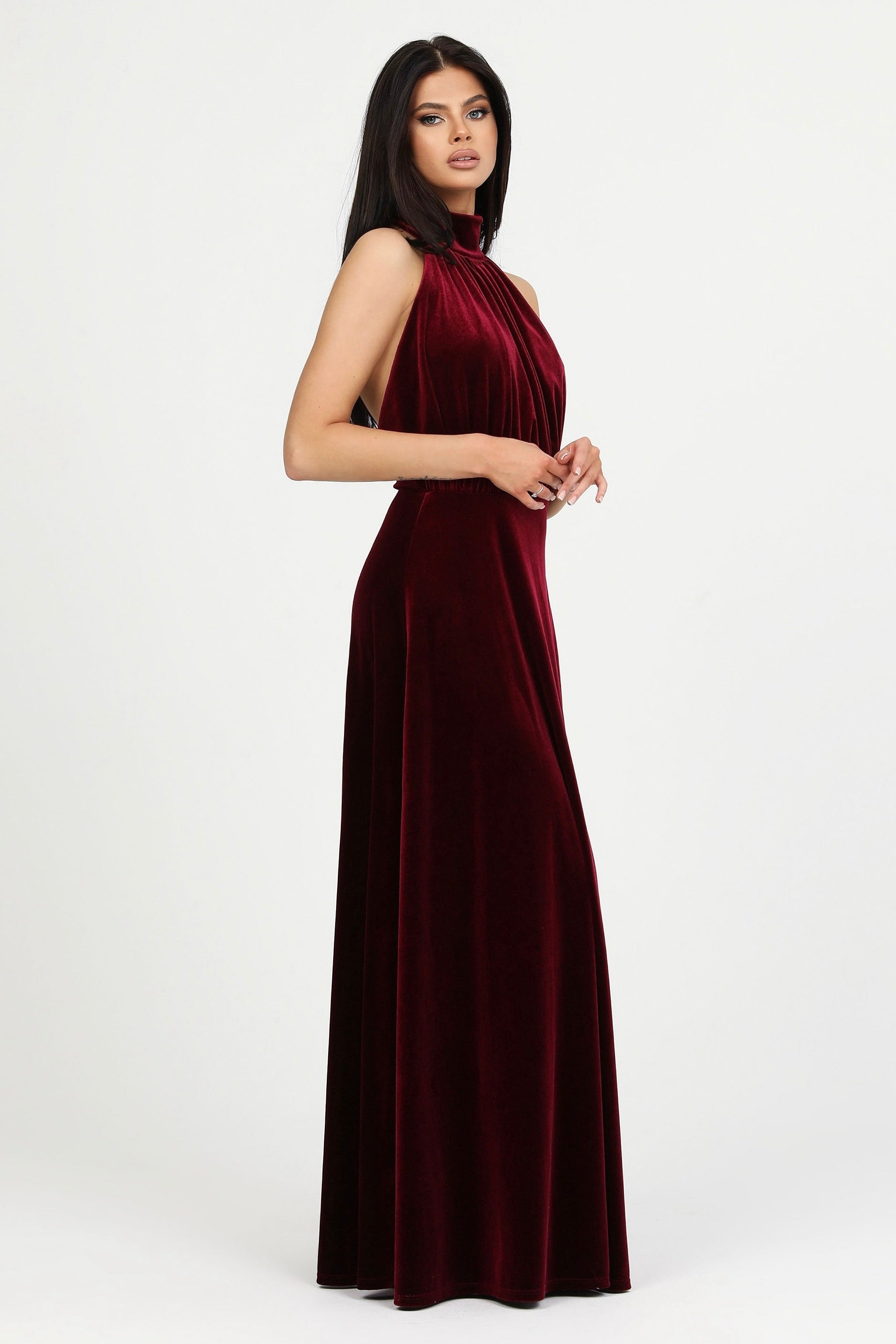 Burgundy Velvet Halter Neckline Velvet Dress