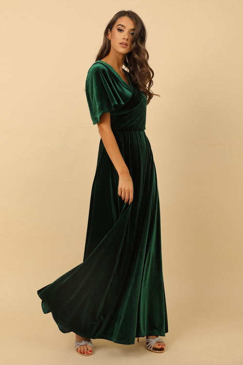 velvet-touch silk evening dress Dark Green Velvet Round Neckline Dress Flutter Sleeves