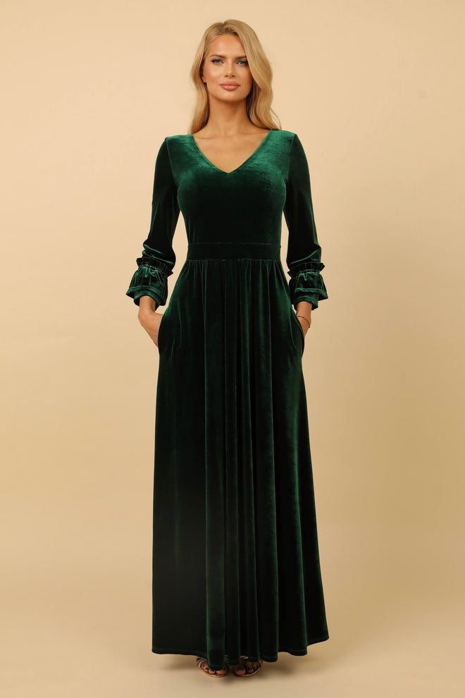 S Size Dark Green Velvet Regular V Neckline Dress (Ready to Ship)