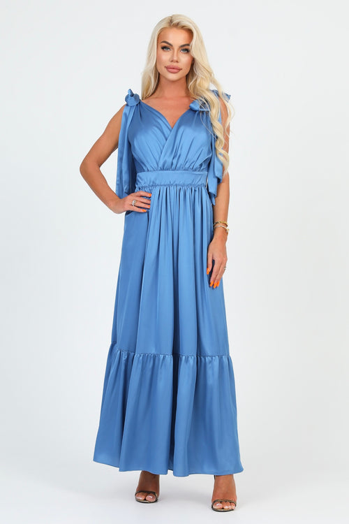 Dusty Blue Silk Satin Dress With Shoulder Ties