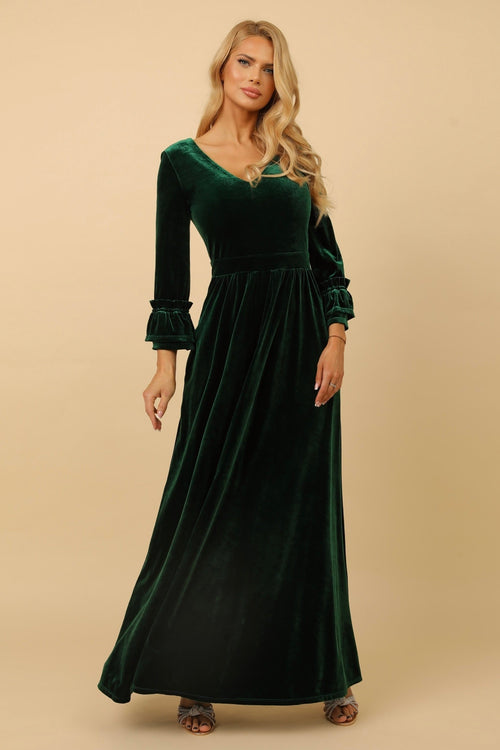 S Size Dark Green Velvet Regular V Neckline Dress (Ready to Ship)