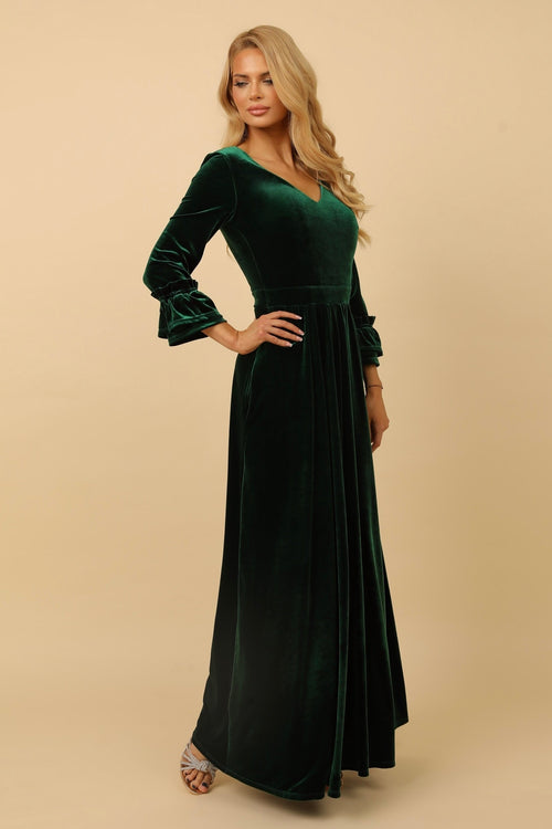 S Size Dark Green Velvet Regular V Neckline Dress (Ready to Ship)