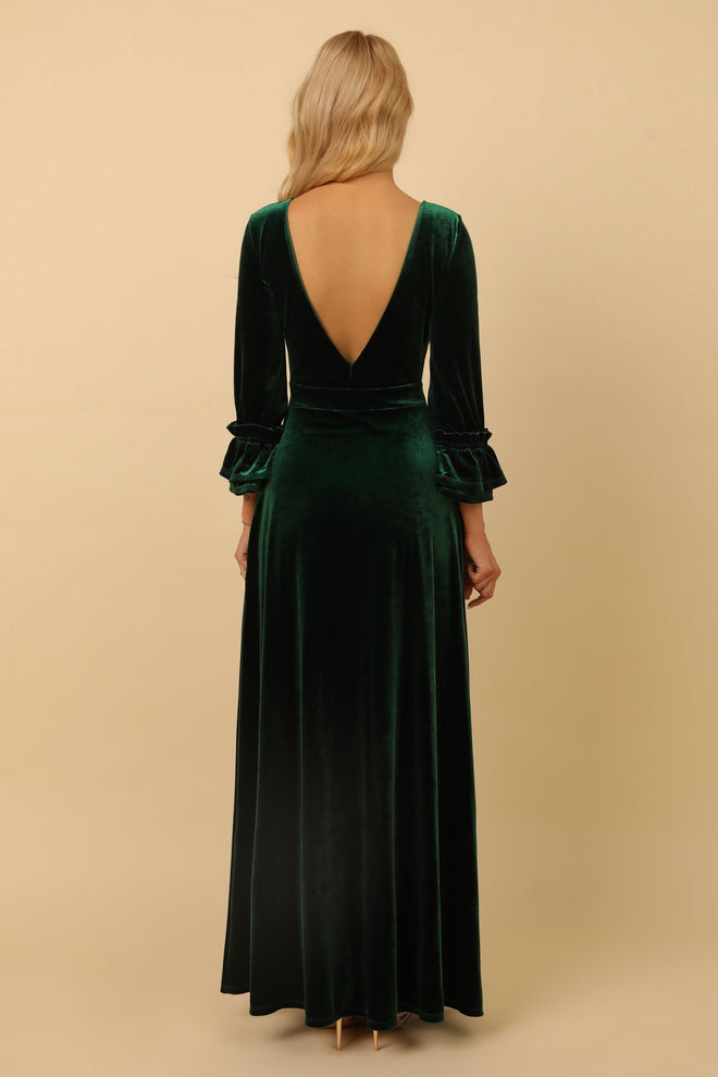 S Size Dark Green Velvet Regular V Neckline Dress (Ready to Ship)