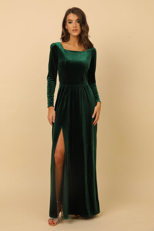 dark green square neck dress Dark Green Square Neck Long Sleeve A-Line Tea Dress