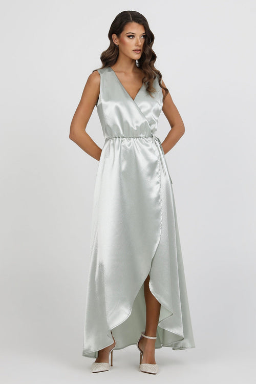 S Size Light Sage Green Wrap Satin Sleeveless Dress (Ready to Ship)