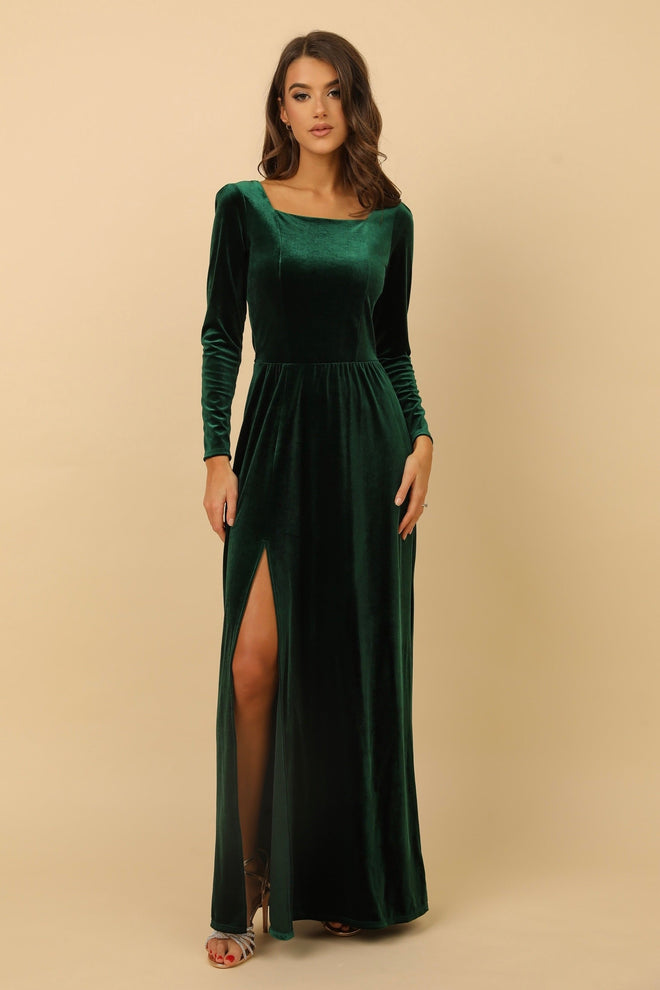 S Size Dark Green Velvet Square Neckline Dress (Ready to Ship)