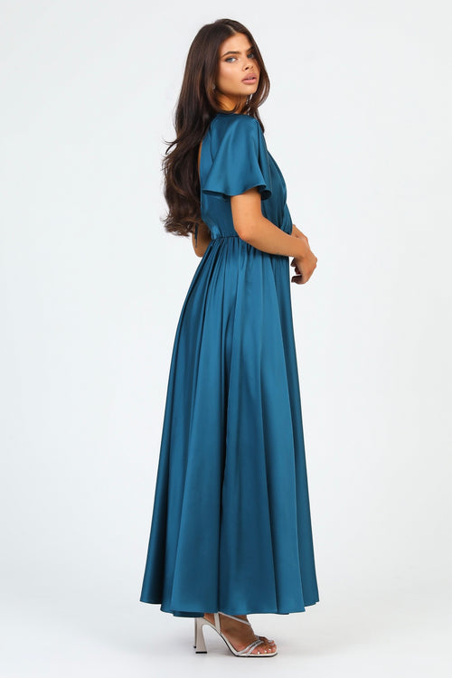 Dark Teal Green Silk Satin Dress Wrap V Neckline – Désir Couture