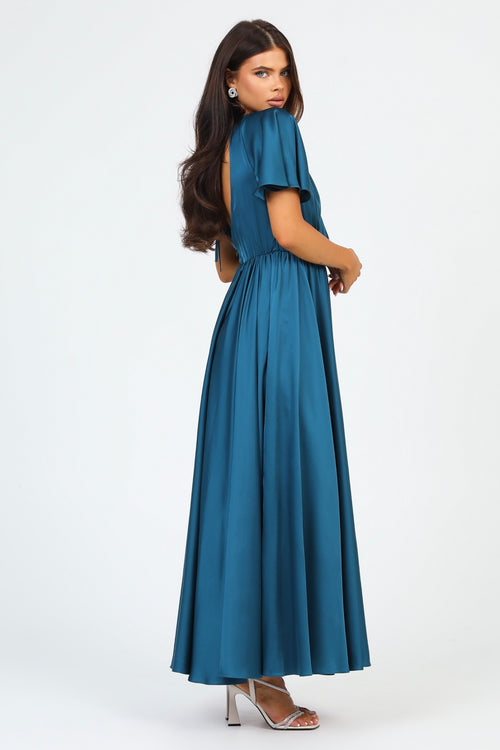 Dark Teal Green Silk Satin Dress Wrap V Neckline Dark Teal Green Silk Satin Dress Wrap V Neckline
