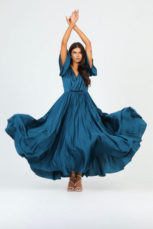 Dark Teal Green Silk Satin Dress Wrap V Neckline Dark Teal Green Silk Satin Dress Wrap V Neckline