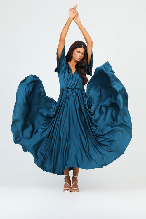 Dark Teal Green Silk Satin Dress Wrap V Neckline Dsir Couture Dark Teal Green Silk Satin Dress Wrap V Neckline Dsir Couture