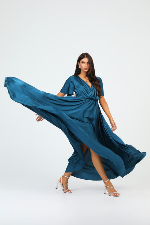 Dark Teal Green Silk Satin Dress Wrap V Neckline Dsir Couture Dark Teal Green Silk Satin Dress Wrap V Neckline Dsir Couture