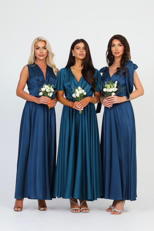 Dark Teal Green Silk Satin Dress Wrap V Neckline Dark Teal Green Silk Satin Dress Wrap V Neckline