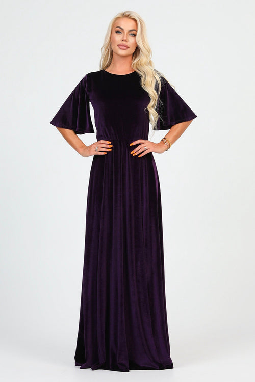 S Size Plum Velvet Round Neckline Dress Flutter Sleeves (Ready to Ship)