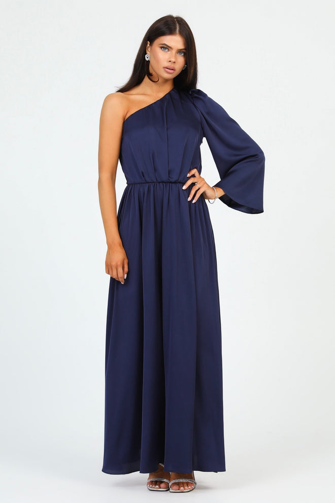 S Size Navy Silk Satin Dress One Shoulder (Ready to Ship)