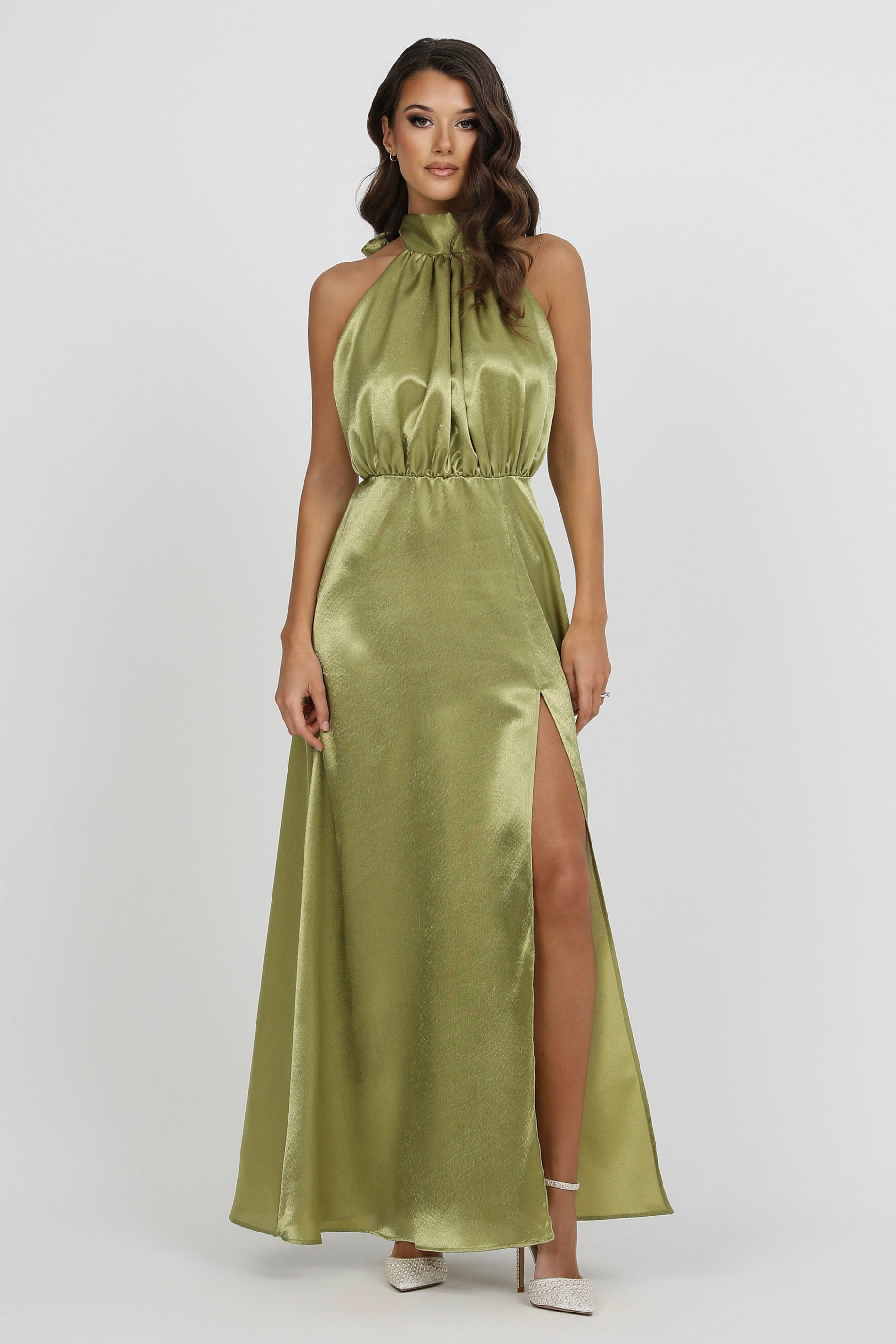 Olive Green Bow Back Halter Neck Dress – Désir Couture