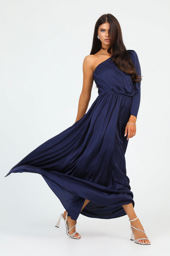 S Size Navy Silk Satin Dress One Shoulder (Ready to Ship)