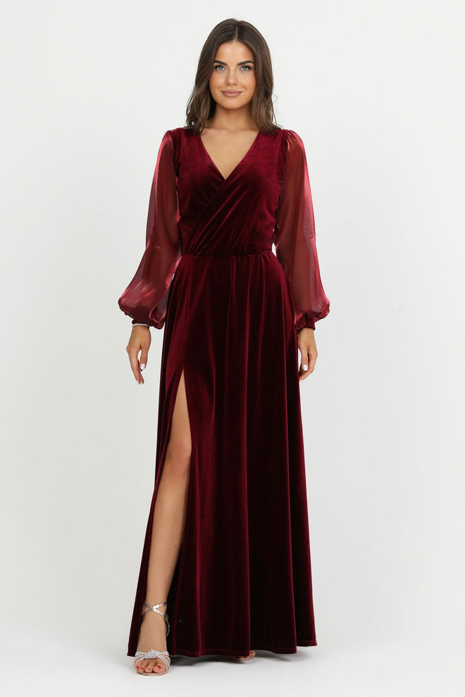 bridesmaid dress, velvet dress, wedding guest dress, gorgeous dress, wedding dress, mother of the bride dress, evening dress, gown dress, maxi dress, reception dress, elegant dress, formal dress, winter dress, fall bridesmaid, custom bridesmaid dress, burgundy dress, long sleeve dress, bishop sleeve dress, v neck dress, slit dress