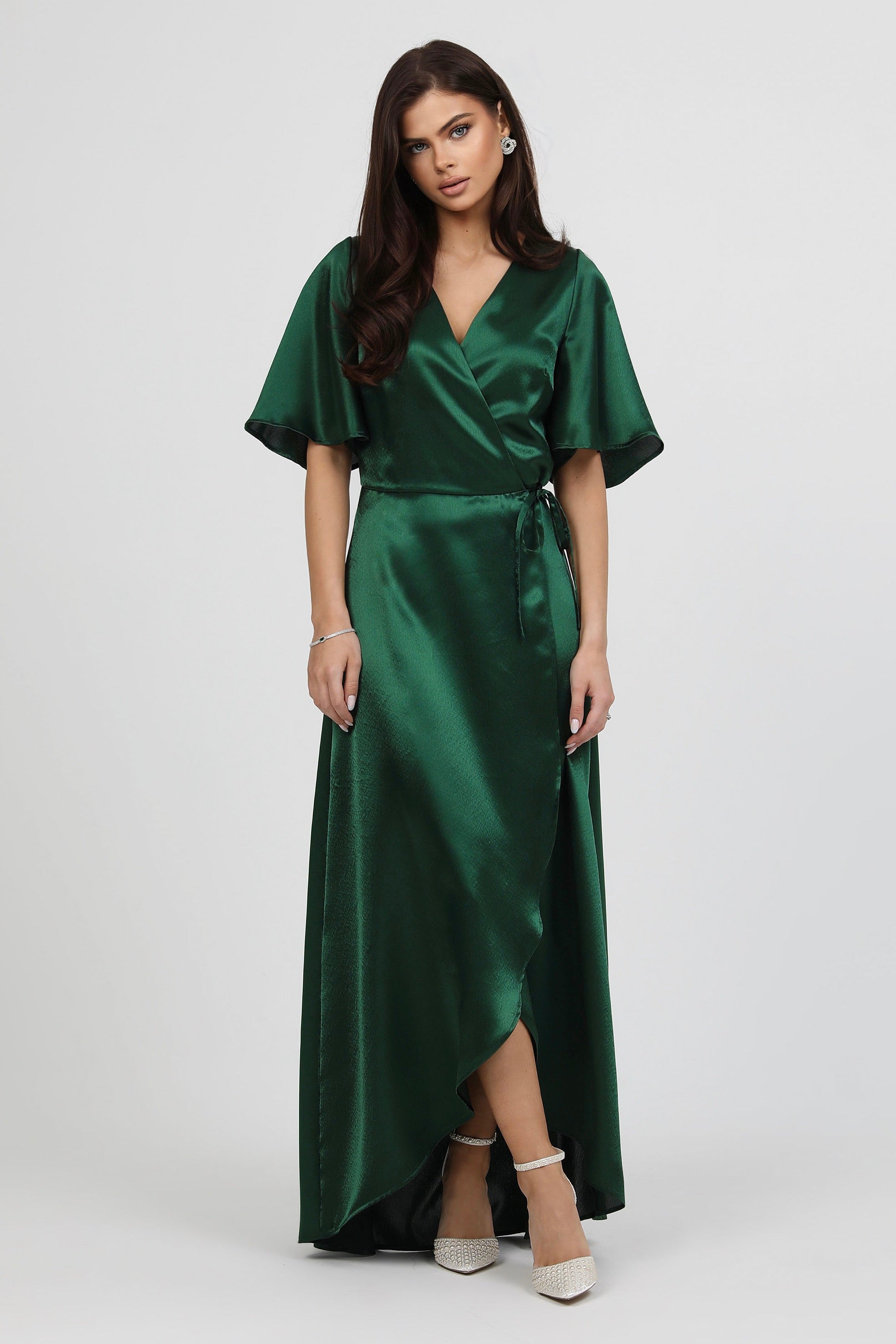 Dark Green Wrap Satin Dress With Flutter Sleeves – Désir Couture