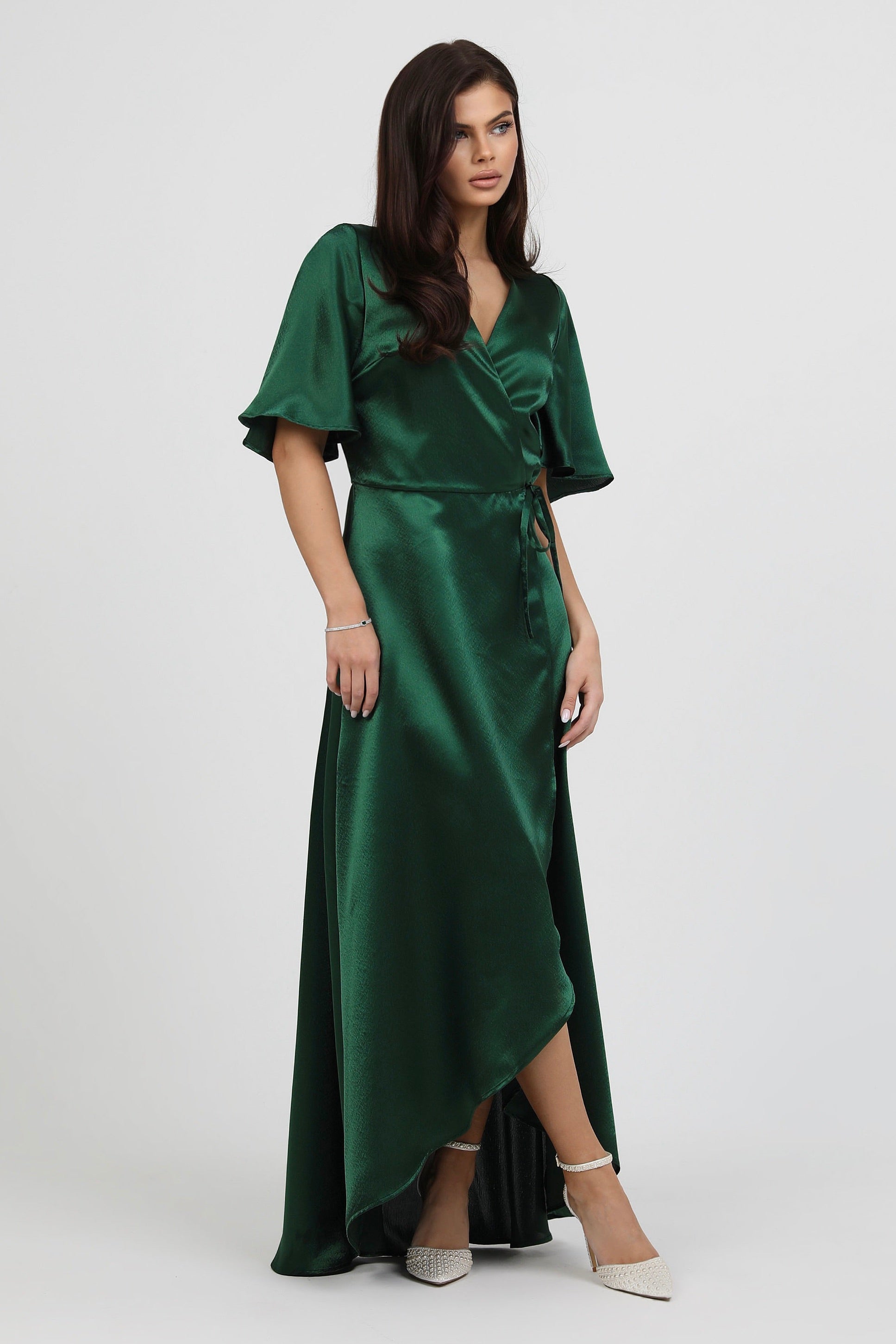 Dark Green Wrap Satin Dress With Flutter Sleeves – Désir Couture