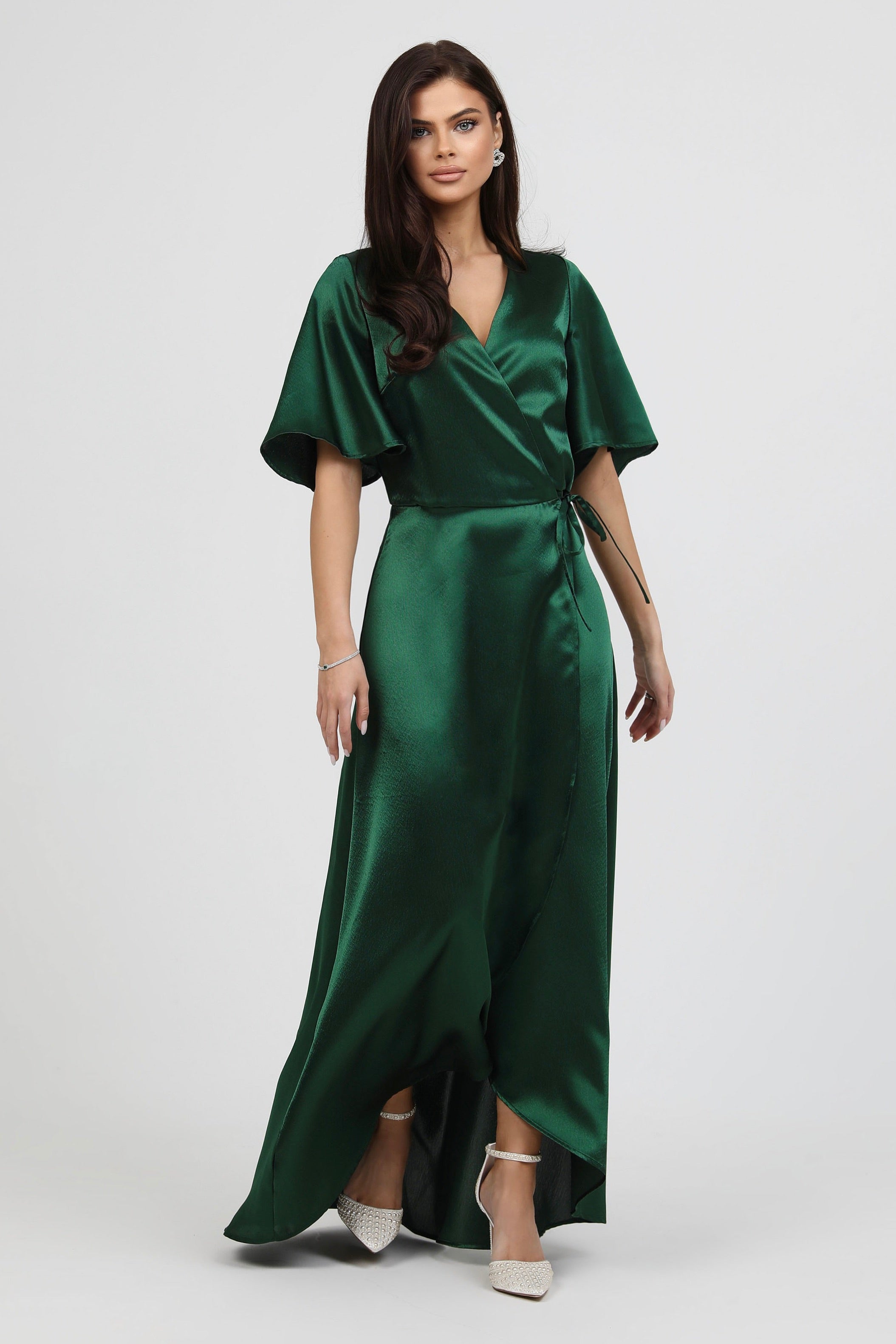 Dark Green Wrap Satin Dress With Flutter Sleeves – Désir Couture