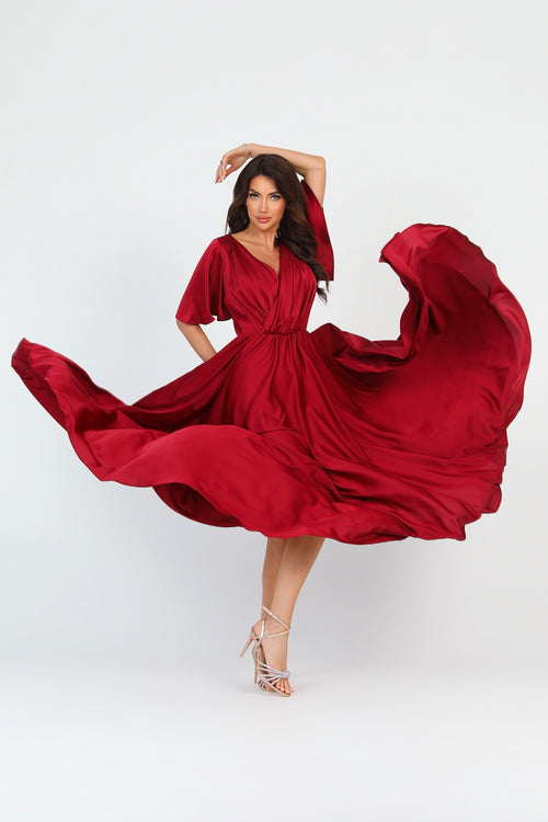 Burgundy Silk Satin Dress Wrap V Neckline