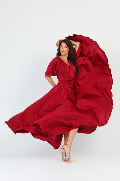 Burgundy Silk Satin Dress Wrap V Neckline