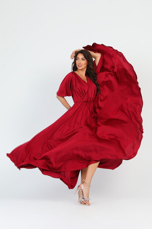 S Size Burgundy Silk Satin Dress Wrap V Neckline (Ready to Ship)