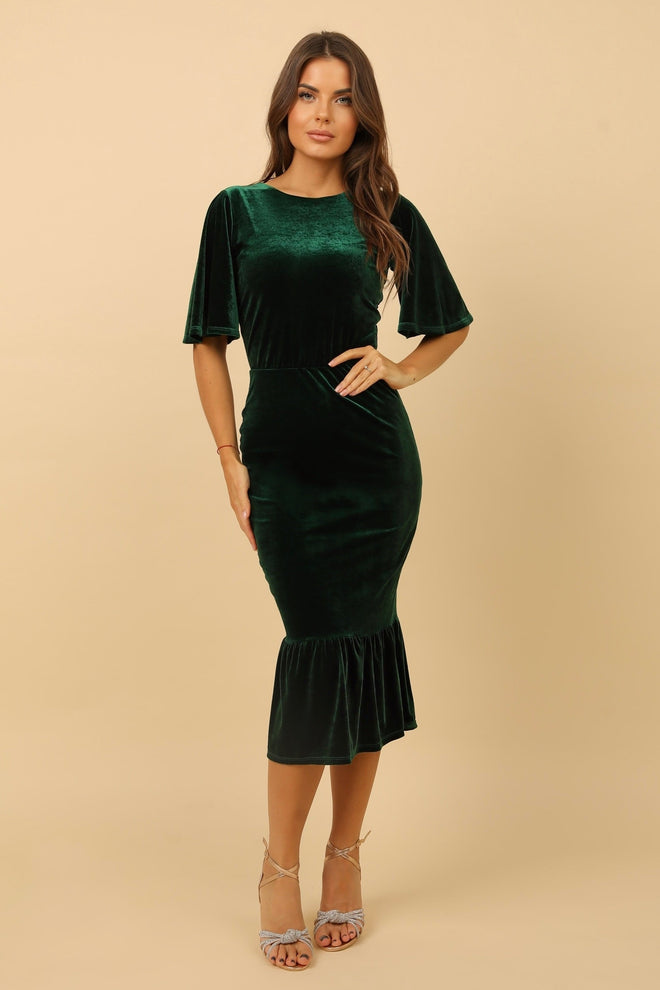 S Size Dark Green Velvet Round Neckline Midi Dress Flutter Sleeves (Ready to Ship)