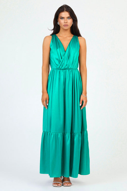 Teal Green Silk Satin Dress Wrap V Neckline