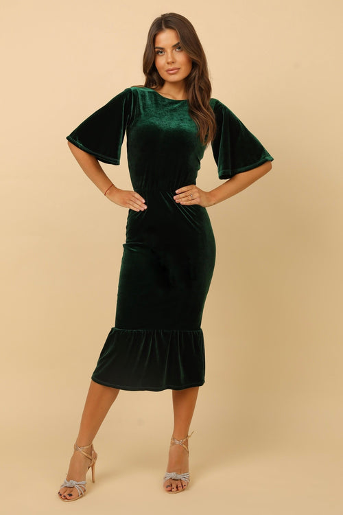 S Size Dark Green Velvet Round Neckline Midi Dress Flutter Sleeves (Ready to Ship)