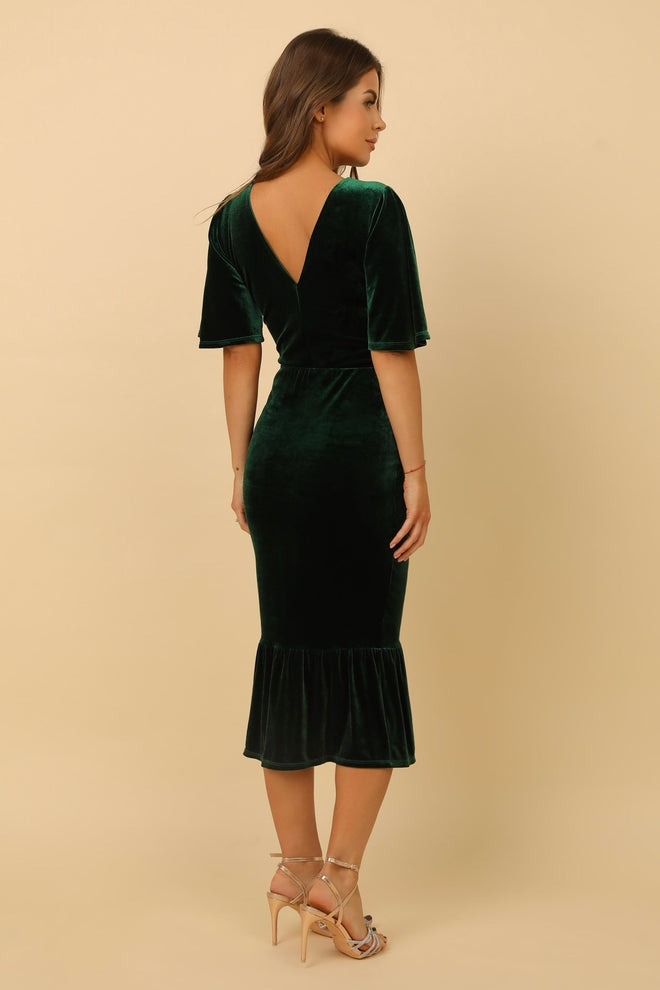 S Size Dark Green Velvet Round Neckline Midi Dress Flutter Sleeves (Ready to Ship)