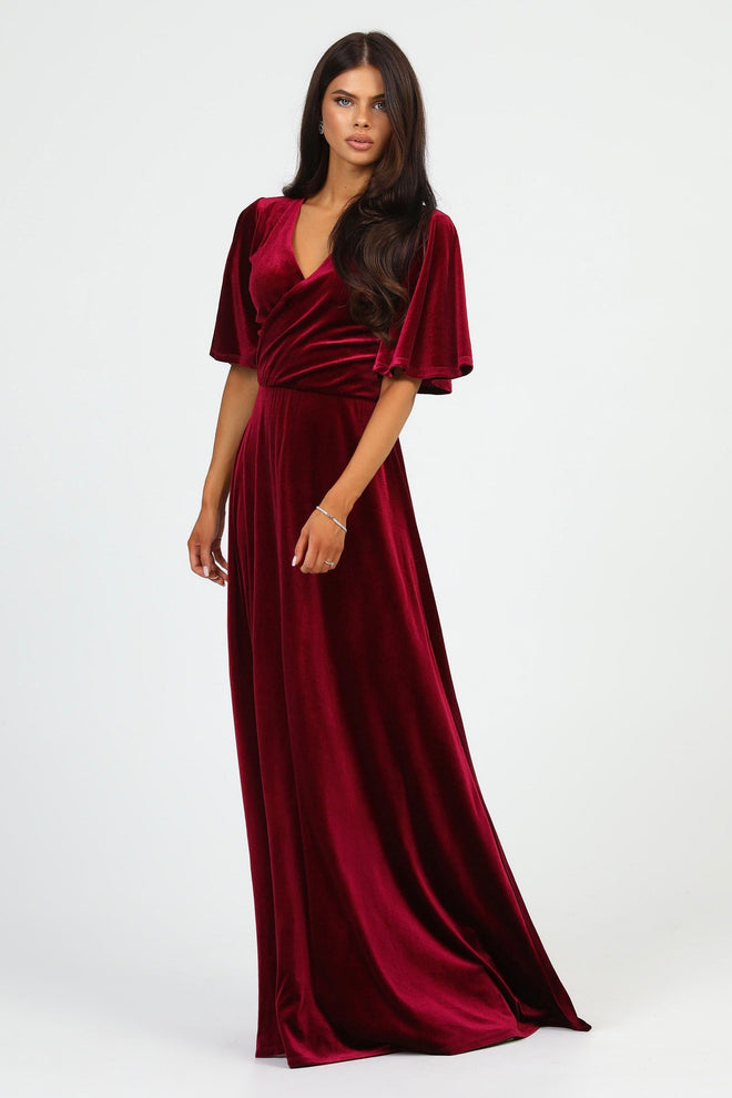 S Size Burgundy Velvet Wrap V Neckline Dress Flutter Sleeves (Ready to Ship)