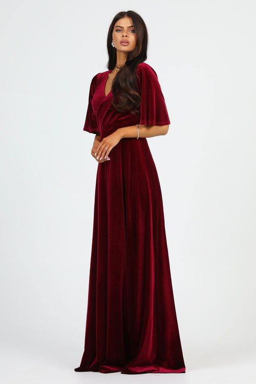 S Size Burgundy Velvet Wrap V Neckline Dress Flutter Sleeves (Ready to Ship)