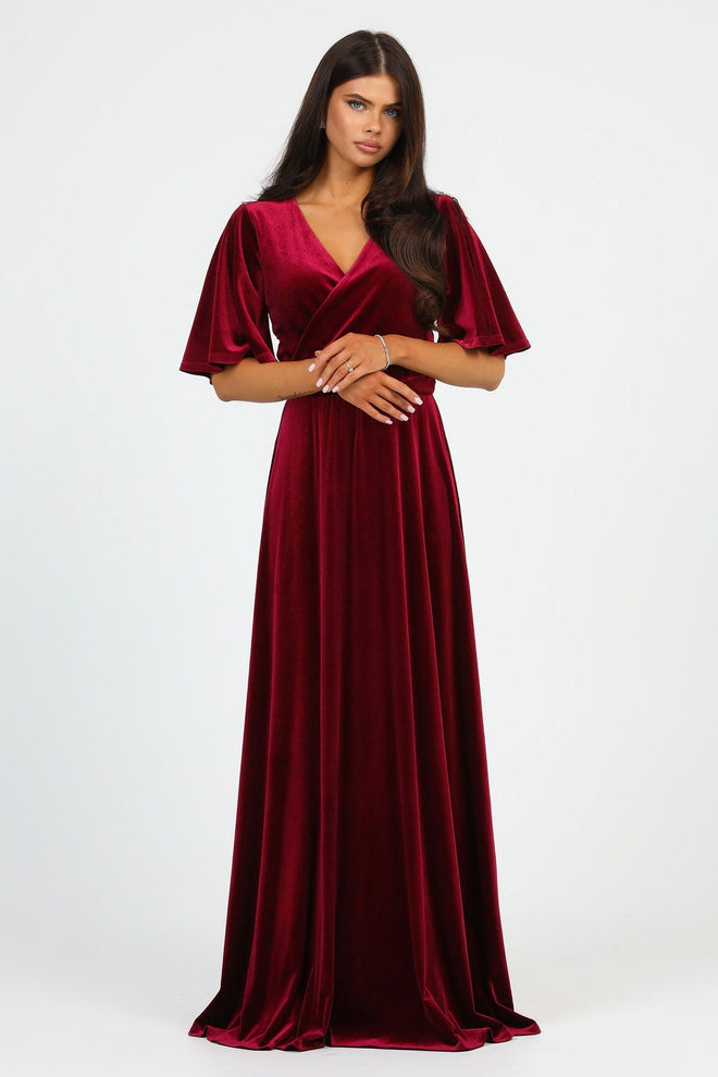 S Size Burgundy Velvet Wrap V Neckline Dress Flutter Sleeves (Ready to Ship)
