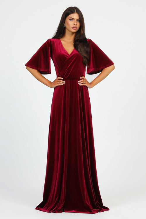 Burgundy Velvet Wrap V Neckline Dress Flutter Sleeves Burgundy Velvet Wrap V Neckline Dress Flutter Sleeves