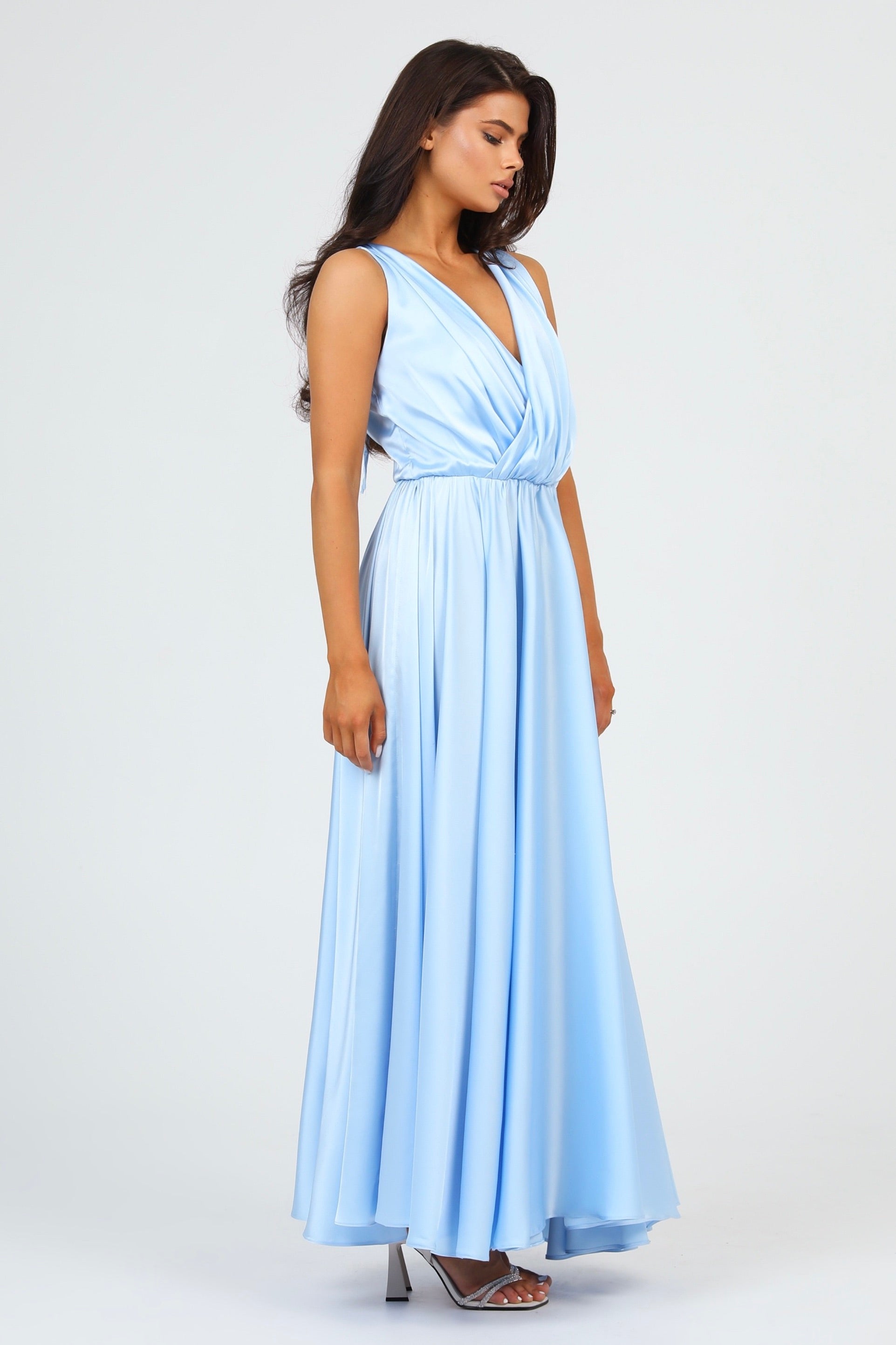 Baby Blue Silk Satin Dress Wrap V Neckline – Désir Couture