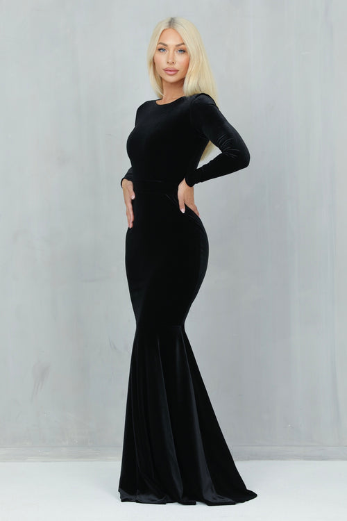 black velvet dress women Black Velvet Round Neckline Mermaid Dress