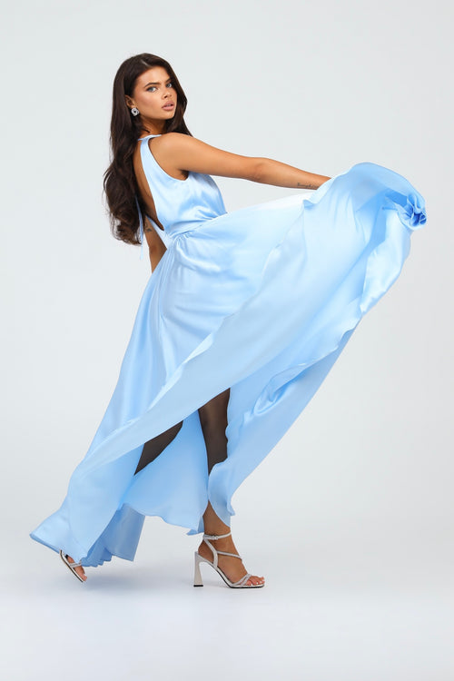 Baby Blue Silk Satin Dress Wrap V Neckline
