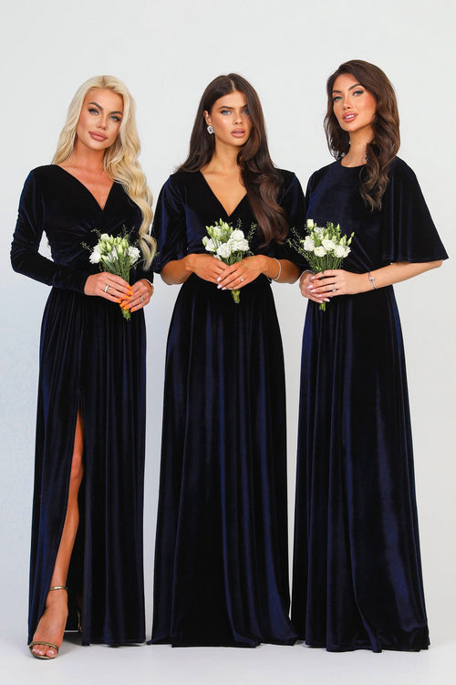 Navy Velvet Round Neckline Dress Flutter Sleeves Navy Velvet Round Neckline Dress Flutter Sleeves