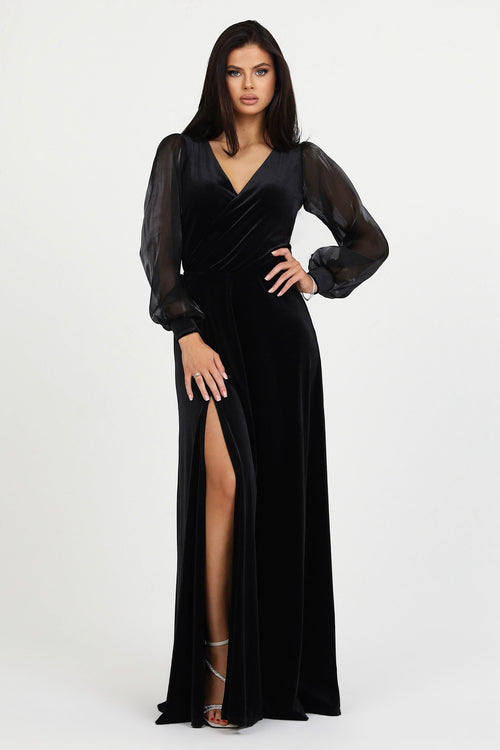 Black Velvet Wrap V Neckline Dress With Organza Sleeves Black Velvet Wrap V Neckline Dress With Organza Sleeves